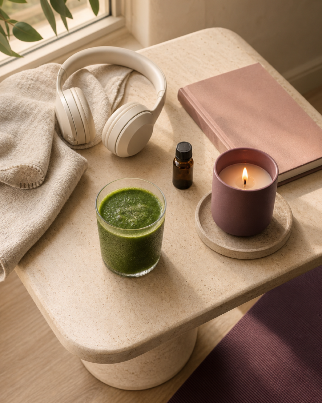 Headphones, a plum candle, a journal, and a green drink arranged beside a plum exercise mat in morning light.